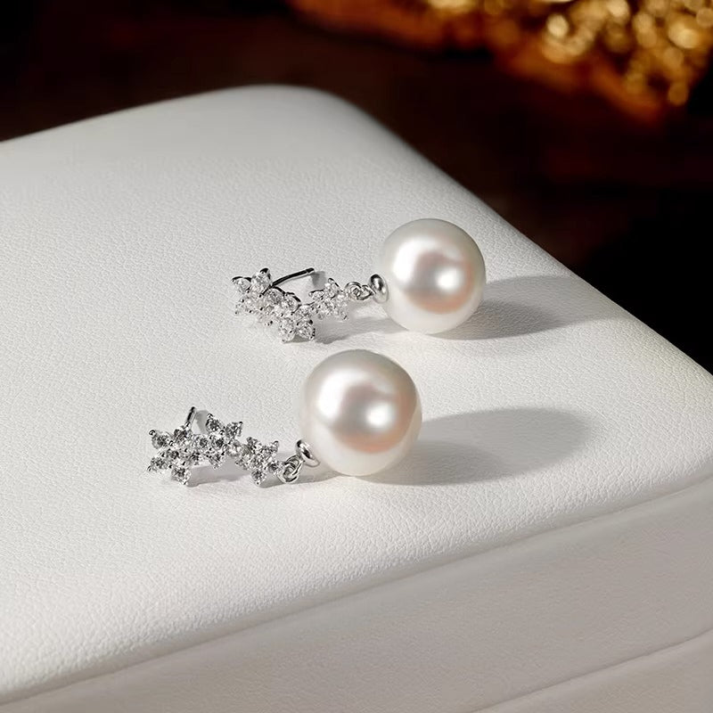 Edison Pearl Floral Stud Earrings S925 Silver Freshwater Pearl Earrings Elegant Dangle Light Luxury High-End Earrings