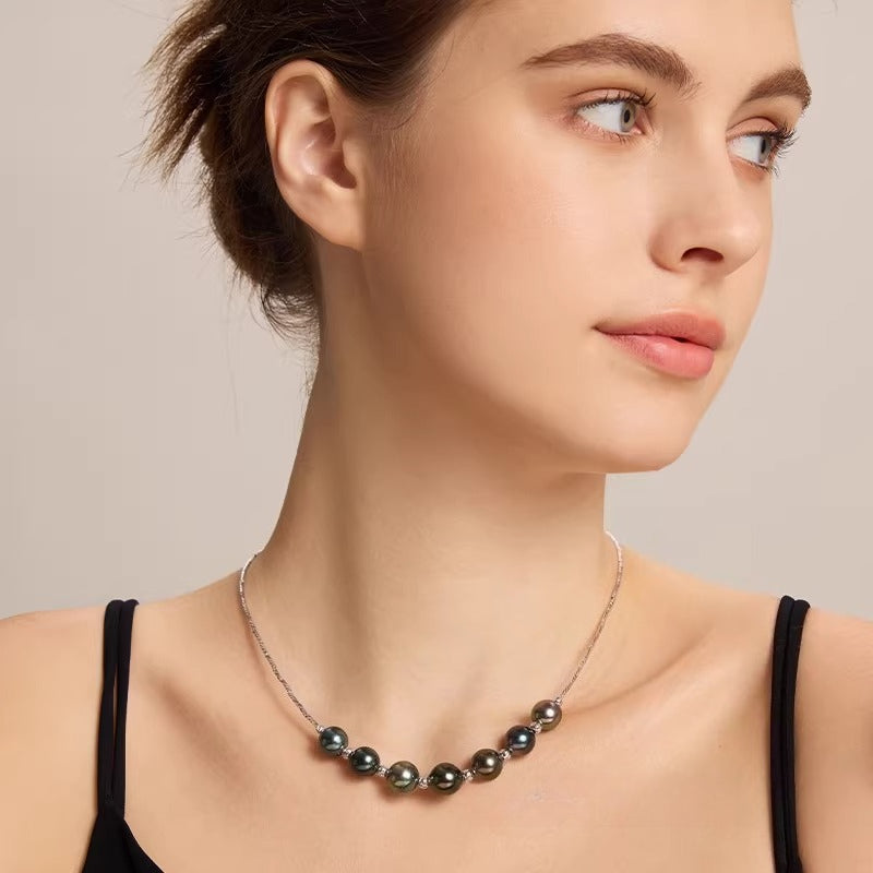 Tahitian Black Pearl Necklace S925 Silver Choker Saltwater Pearl Light Luxury Clavicle Necklace Elegant Jewelry