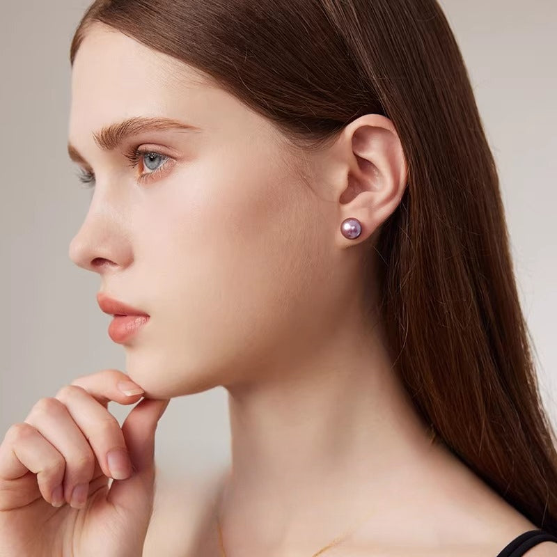 Purple Edison Pearl Stud Earrings, 18K Gold, Natural Freshwater Pearl Earrings, Simple Earrings, Dangle Earrings for Women, Gift