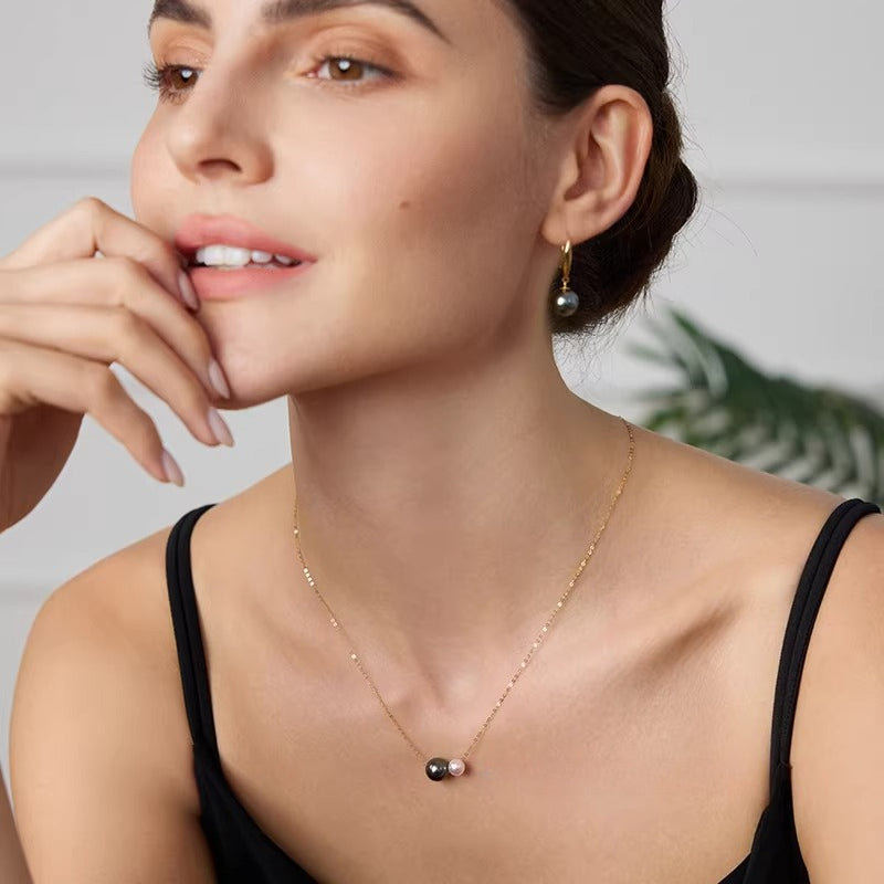 Tahitian Black Pearl Necklace Lucky Bead Pendant 18K Gold Double Pearl Choker Fashion Clavicle Necklace Gift
