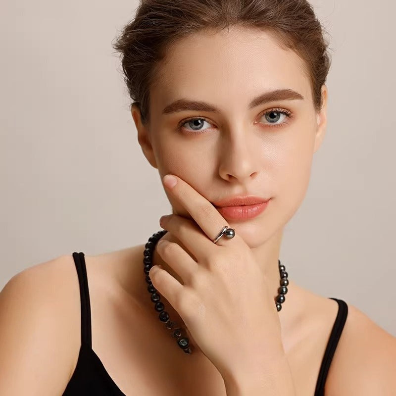Tahitian Black Pearl Open Ring S925 Silver Natural Seawater Pearl Ring Simple Elegant Ring Jewelry