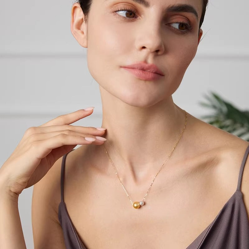 South Sea Golden Pearl Necklace, 18K Gold Pendant, Double Pearl Choker, Versatile Clavicle Chain, Gift for Girlfriend, High-End Jewelry