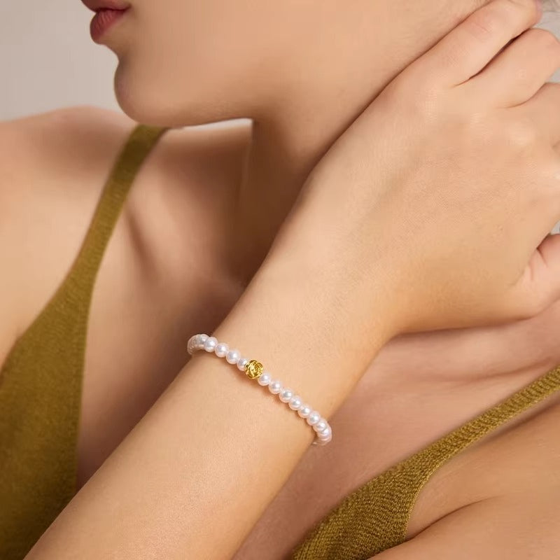 999 Gold Rose Natural Freshwater Pearl Bracelet, Elegant Women's Beaded Bracelet, Simple and Versatile Accessory, Light Luxury Jewelry Gift