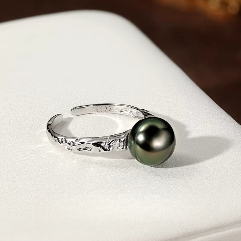 Tahitian Black Pearl Open Ring S925 Silver Elegant Seawater Pearl Ring Lightweight Luxury Hand Ornament High-End Women's