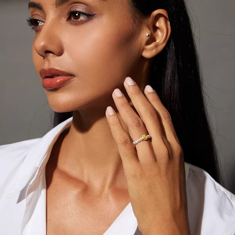 24K Gold Rose Freshwater Pearl Ring Natural Pearl Ring Versatile High-End Ring Jewelry Gift for Girlfriend