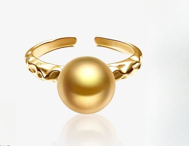 South Sea Gold Pearl Open Ring S925 Silver Saltwater Pearl Ring Elegant Versatile Women's Jewelry Gift