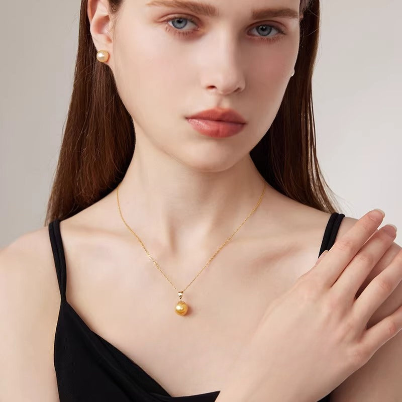 South Sea Golden Pearl Pendant 18K Gold Chrysanthemum Clasp Necklace, Rich Gold Saltwater Pearl Necklace for Mom, Collarbone Chain Gift