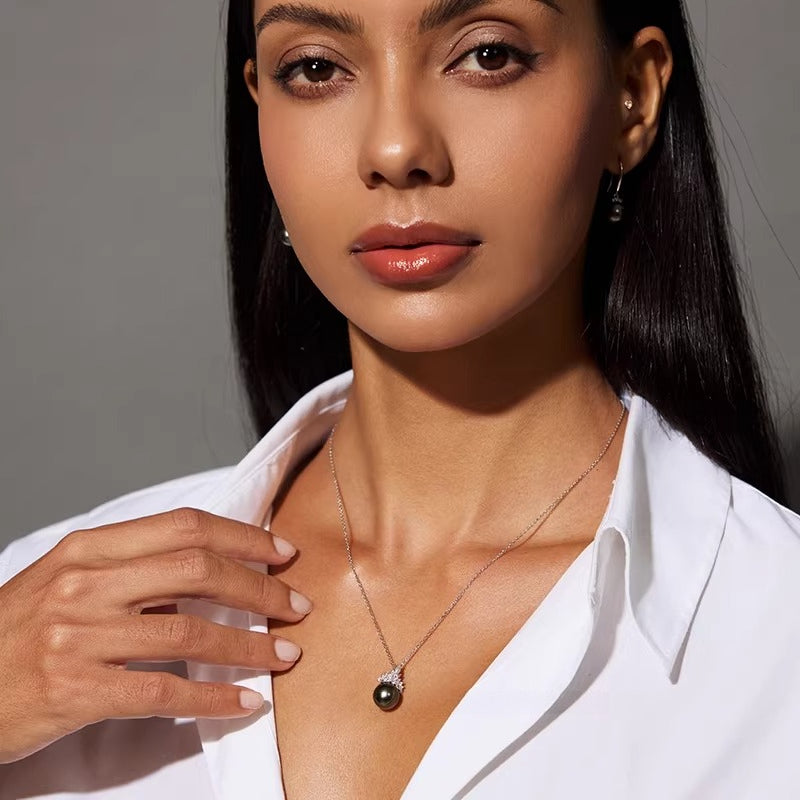 Tahitian Black Pearl Pendant Snow Queen Necklace S925 Sterling Silver Seawater Pearl Necklace Girlfriend Gift