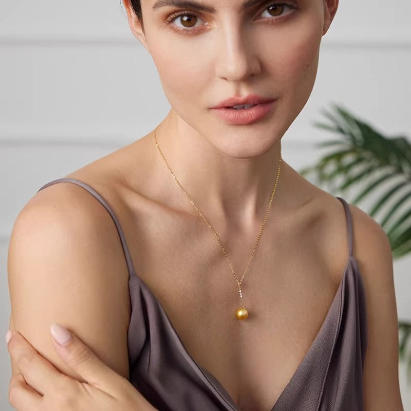 South Sea Golden Pearl Pendant 18K Gold Y-Shaped Chain Sea Pearl Necklace Fashion Choker Clavicle Chain Gift for Girlfriend