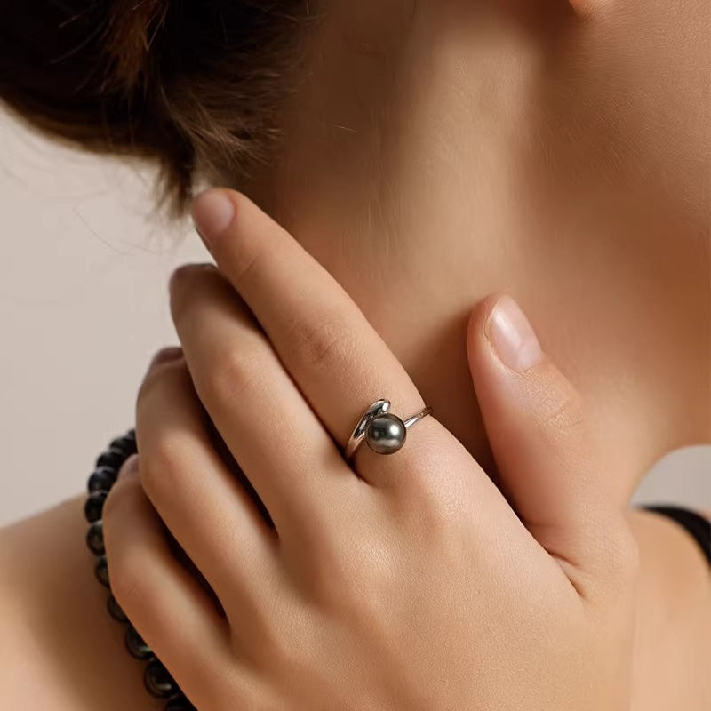 Tahitian Black Pearl Open Ring S925 Silver Natural Seawater Pearl Ring Simple Elegant Ring Jewelry
