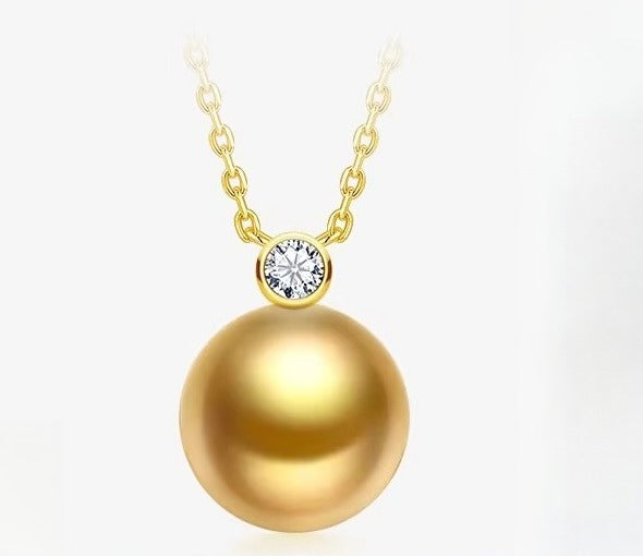 South Sea Golden Pearl Pendant, 18K Gold Single Diamond Necklace, Simple Clavicle Chain, Seawater Pearl Pendant, Jewelry Gift