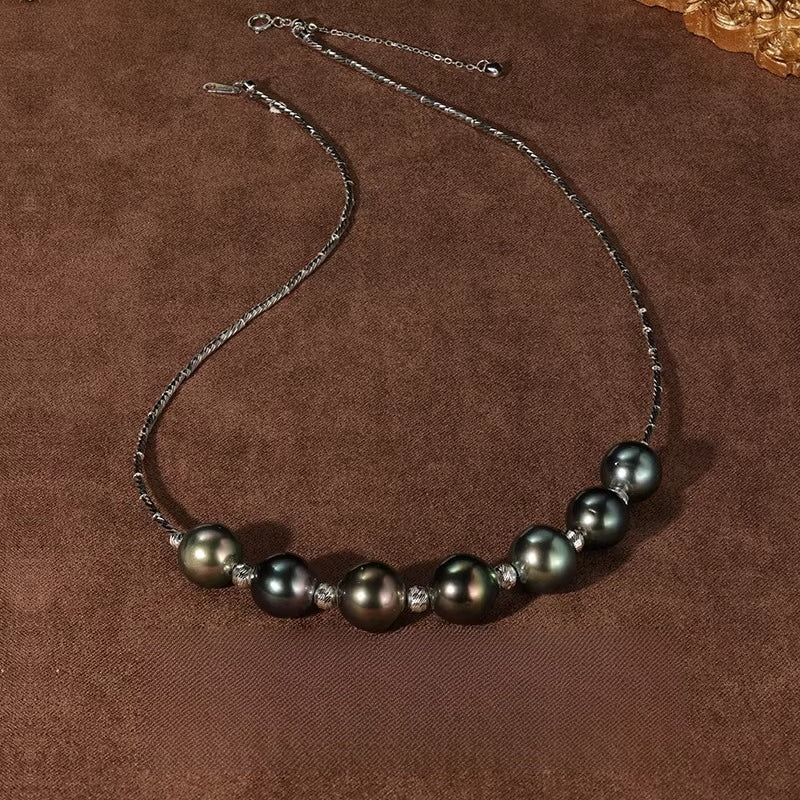Tahitian Black Pearl Necklace S925 Silver Choker Saltwater Pearl Light Luxury Clavicle Necklace Elegant Jewelry