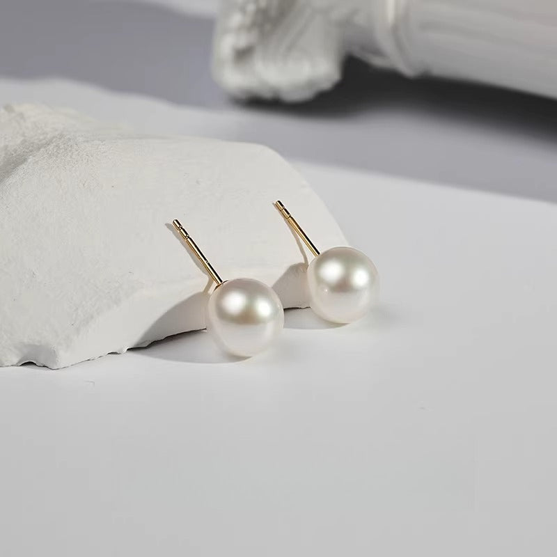 White Edison Pearl Stud Earrings, 18K Gold, Perfectly Round Freshwater Pearl Earrings, Elegant Drop Earrings, Gift
