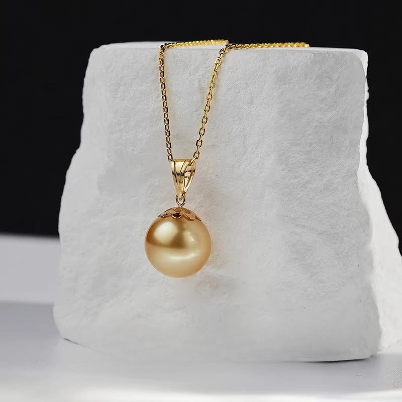 South Sea Golden Pearl Pendant 18K Gold Chrysanthemum Clasp Necklace, Rich Gold Saltwater Pearl Necklace for Mom, Collarbone Chain Gift
