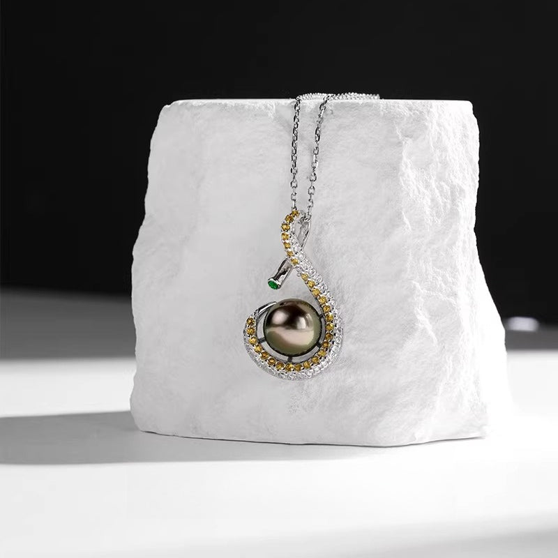 Tahitian Black Pearl Pendant, Swan Necklace, S925 Silver Jewelry, Seawater Pearl Clavicle Chain, Gift