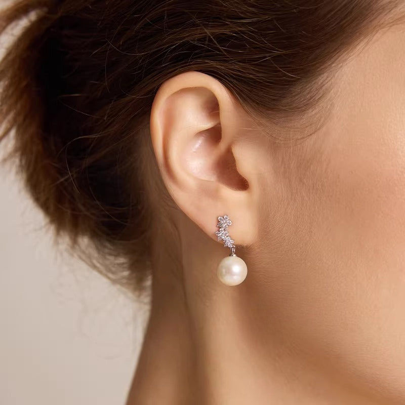 Edison Pearl Floral Stud Earrings S925 Silver Freshwater Pearl Earrings Elegant Dangle Light Luxury High-End Earrings