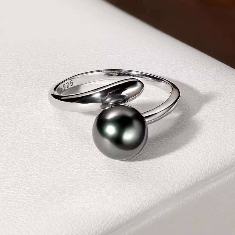 Tahitian Black Pearl Open Ring S925 Silver Natural Seawater Pearl Ring Simple Elegant Ring Jewelry