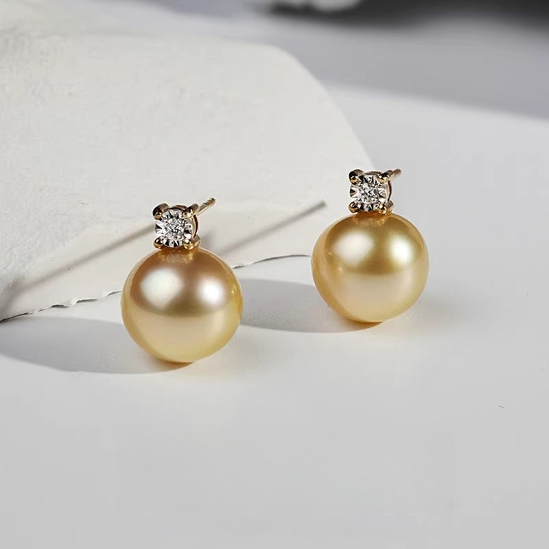 South Sea Gold Pearl Stud Earrings, Princess Diana Style, 18K Gold Natural Seawater Pearl Earrings, Light Luxury, High-End Dangle Earrings