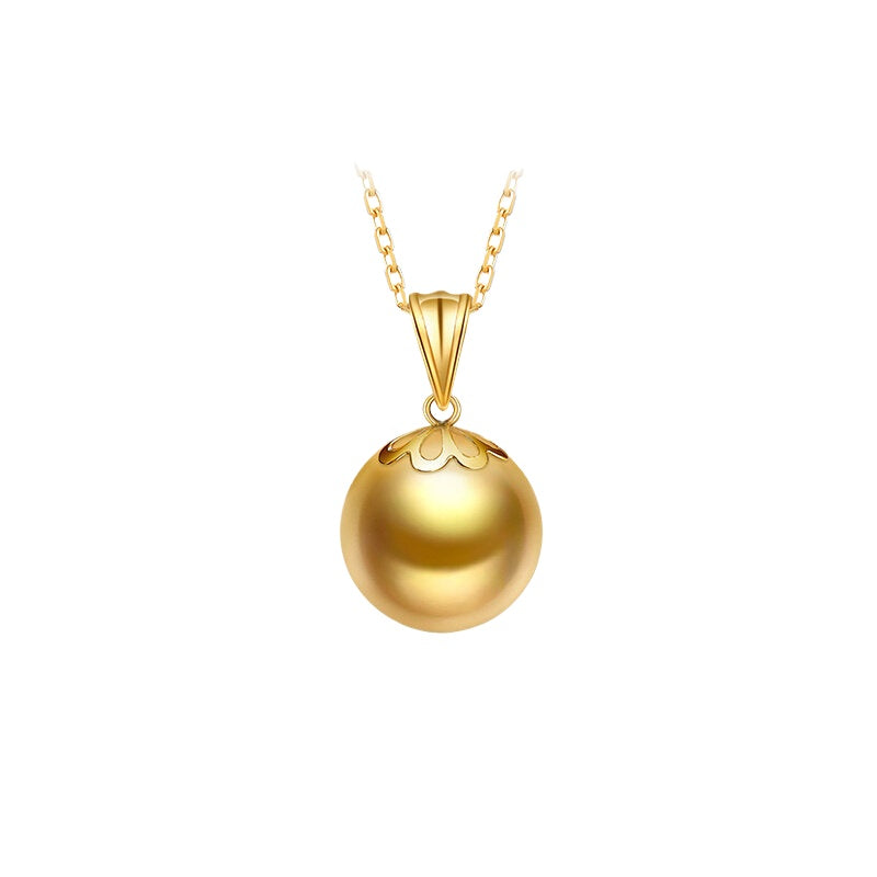 South Sea Golden Pearl Pendant 18K Gold Chrysanthemum Clasp Necklace, Rich Gold Saltwater Pearl Necklace for Mom, Collarbone Chain Gift