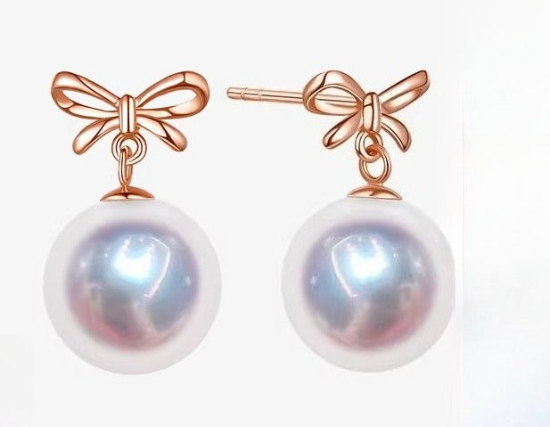 Akoya Pearl Bow Stud Earrings, 18K Gold Saltwater Pearl Dangle Earrings, High-End Jewelry Gift for Girlfriend, Earrings