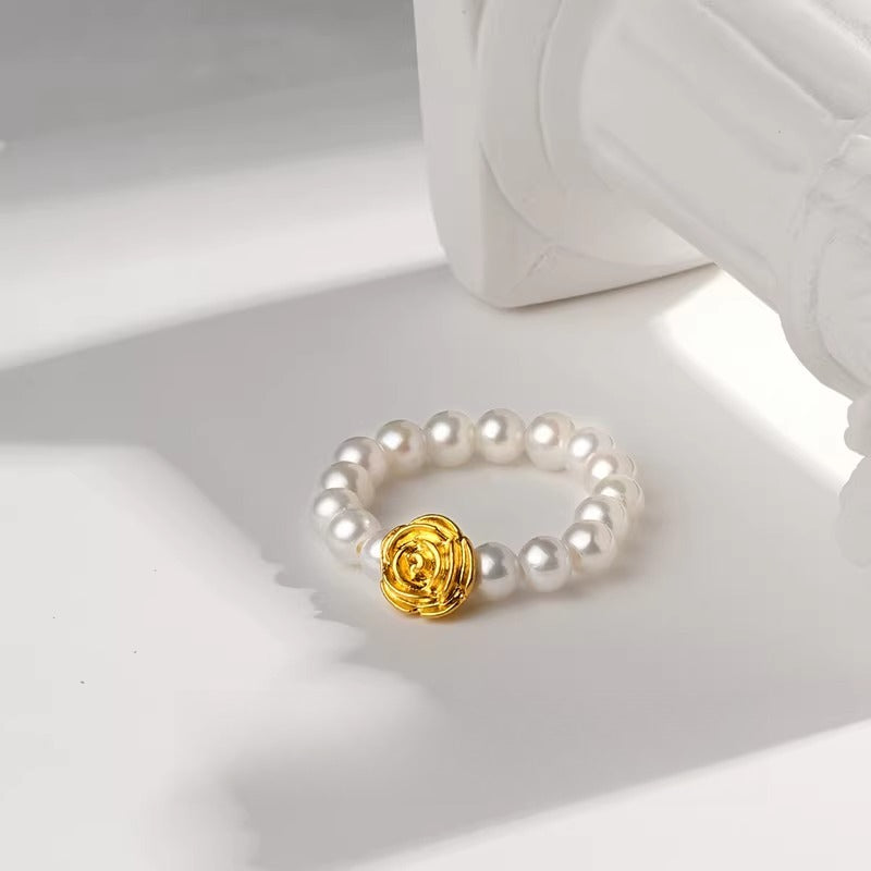 24K Gold Rose Freshwater Pearl Ring Natural Pearl Ring Versatile High-End Ring Jewelry Gift for Girlfriend