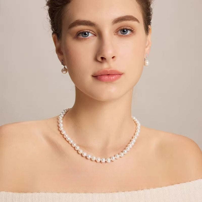 High-Quality Freshwater Pearl Necklace S925 Silver Beaded Chain Versatile Choker Natural Pearl Strand Sweater Chain Gift