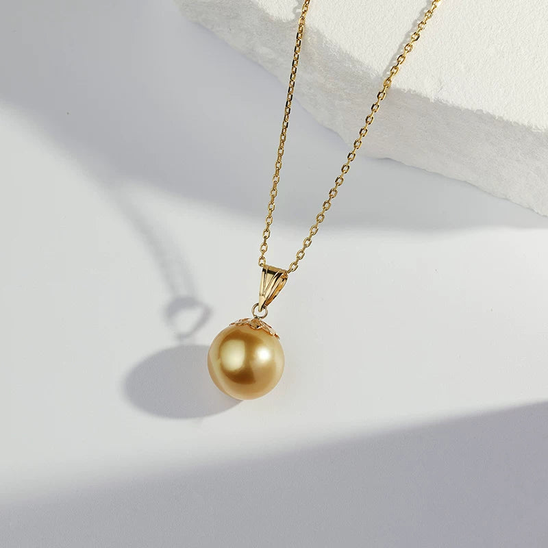 South Sea Golden Pearl Pendant 18K Gold Chrysanthemum Clasp Necklace, Rich Gold Saltwater Pearl Necklace for Mom, Collarbone Chain Gift