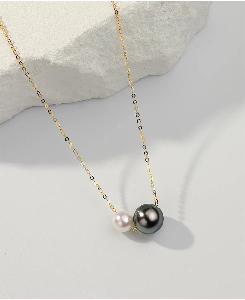 Tahitian Black Pearl Necklace Lucky Bead Pendant 18K Gold Double Pearl Choker Fashion Clavicle Necklace Gift