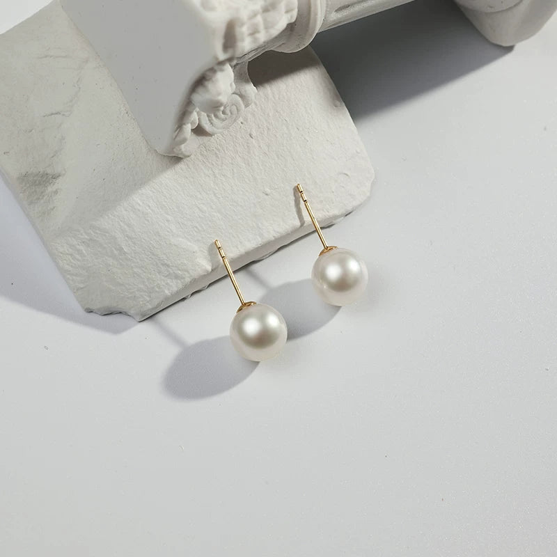 White Edison Pearl Stud Earrings, 18K Gold, Perfectly Round Freshwater Pearl Earrings, Elegant Drop Earrings, Gift