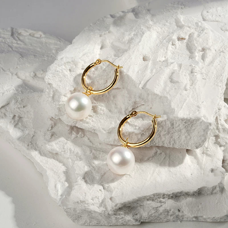 Natural Freshwater Pearl Earrings, Thick 18K Gold Hoop Earrings, Two-Way Wear, Strong Luster Pearl Drop Earrings, Elegant Jewelry for Women