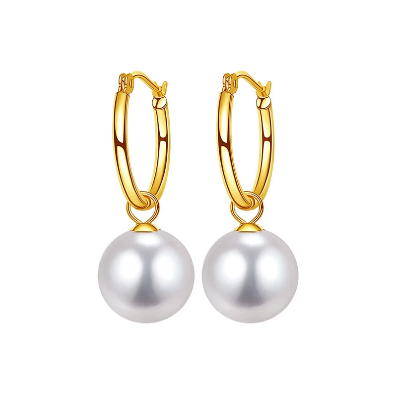 Natural Freshwater Pearl Earrings, Thick 18K Gold Hoop Earrings, Two-Way Wear, Strong Luster Pearl Drop Earrings, Elegant Jewelry for Women