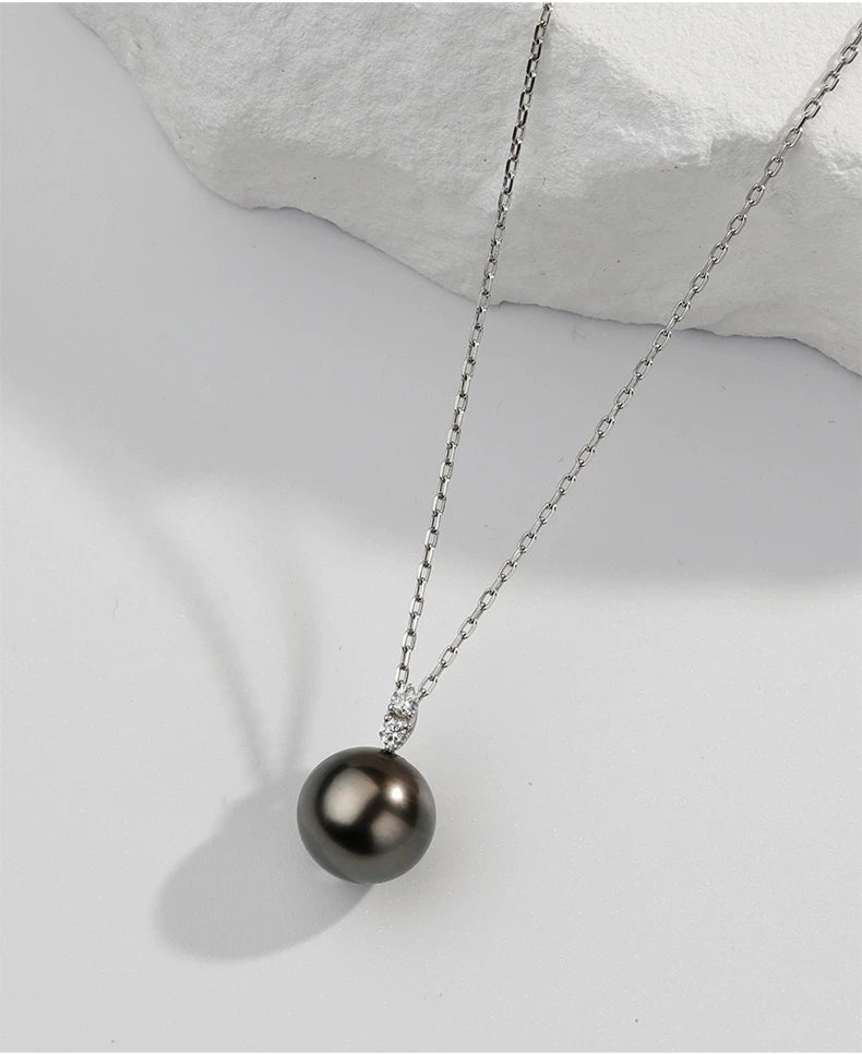 Tahitian Black Pearl Pendant with Double Diamonds, 18K Gold Necklace, Versatile Jewelry, Girlfriend Gift