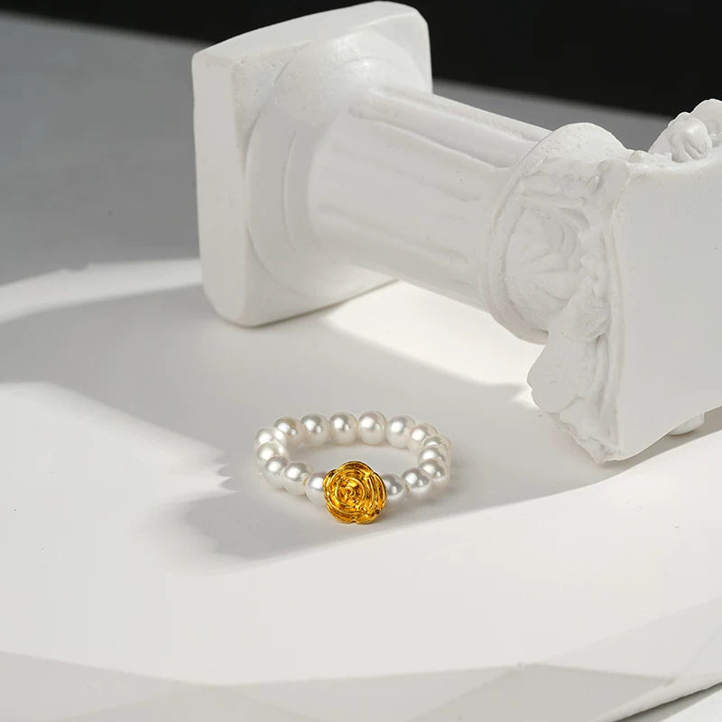 24K Gold Rose Freshwater Pearl Ring Natural Pearl Ring Versatile High-End Ring Jewelry Gift for Girlfriend