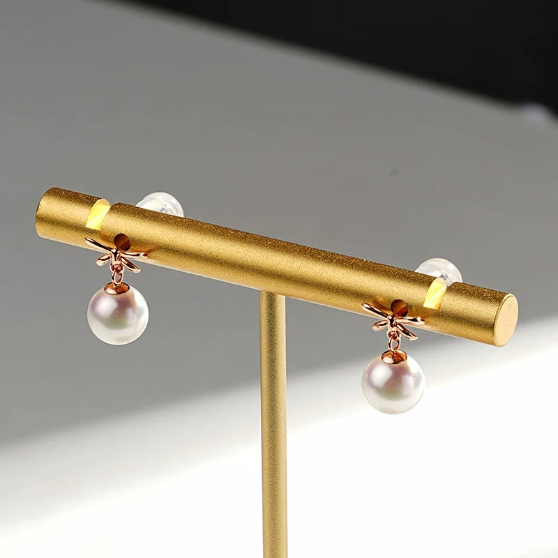 Akoya Pearl Bow Stud Earrings, 18K Gold Saltwater Pearl Dangle Earrings, High-End Jewelry Gift for Girlfriend, Earrings