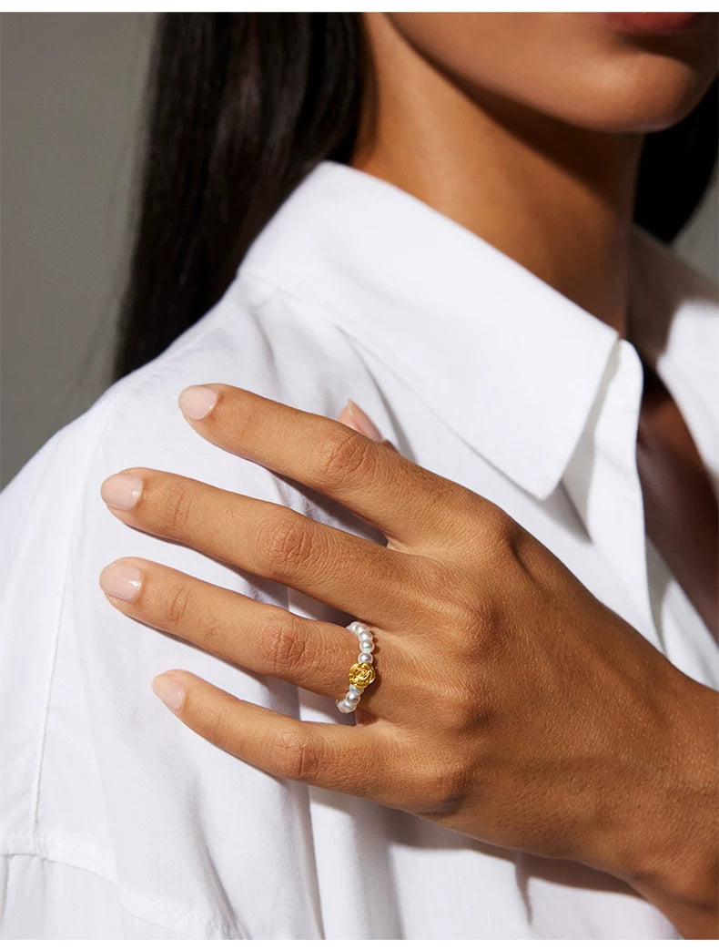 24K Gold Rose Freshwater Pearl Ring Natural Pearl Ring Versatile High-End Ring Jewelry Gift for Girlfriend