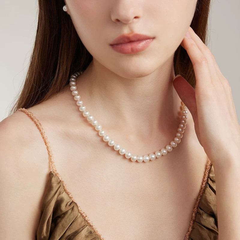 Freshwater Pearl Necklace for Moms, Nearly Round, High Luster Pearl Strand, Autumn/Winter Clavicle Necklace, Girlfriend Gift, New Year's Gift