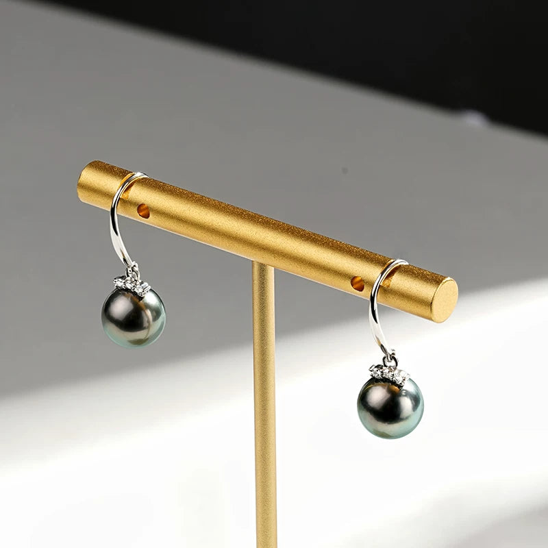 Tahitian Black Pearl Drop Earrings, 18K Gold, Diamond Accents, Seawater Pearl Dangles, High-End Jewelry, Elegant Earrings for Women