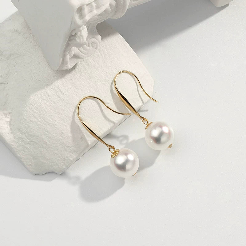 Akoya Pearl Ear Hooks, 18K Gold Round Seawater Pearl Earrings, French Style Dangle Earrings, High-End Gift