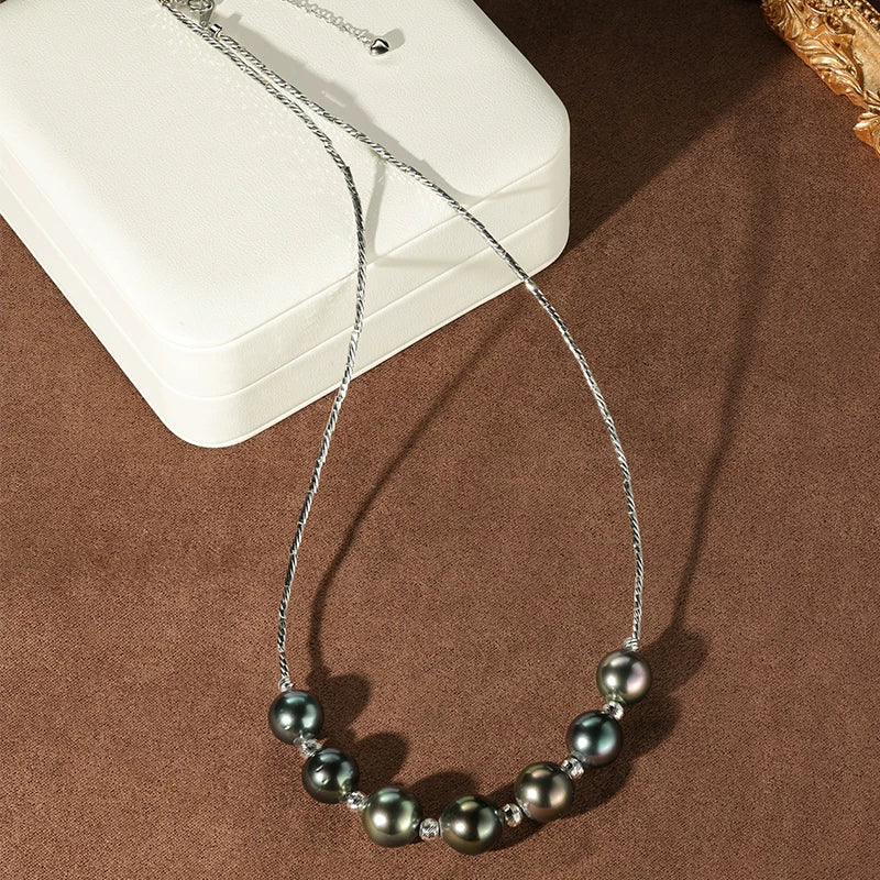 Tahitian Black Pearl Necklace S925 Silver Choker Saltwater Pearl Light Luxury Clavicle Necklace Elegant Jewelry