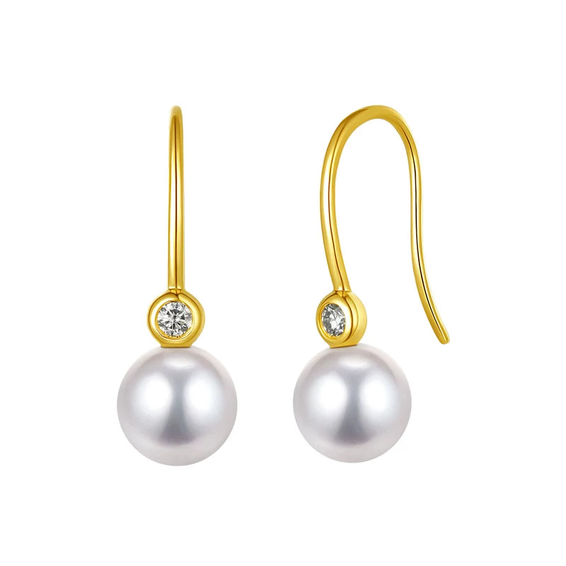 Natural Freshwater Pearl Earrings 18K Gold Diamond Earrings Round Pearl Earrings Studs Girlfriend Gift Jewelry