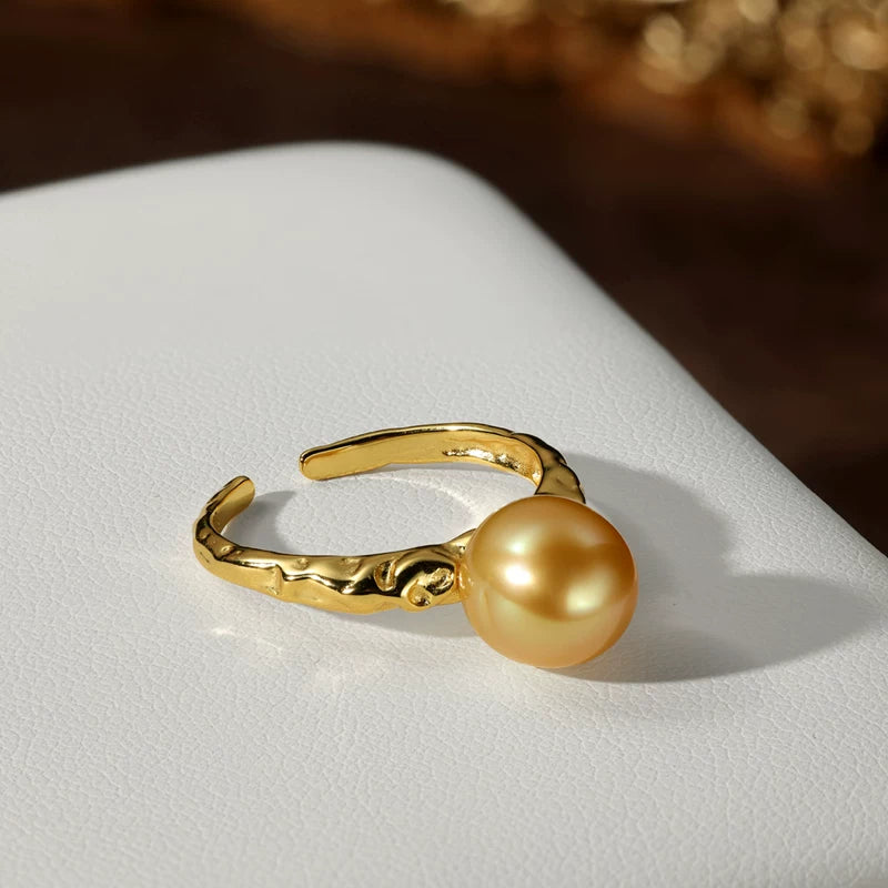 South Sea Gold Pearl Open Ring S925 Silver Saltwater Pearl Ring Elegant Versatile Women's Jewelry Gift