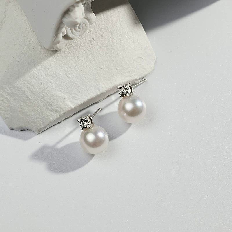 Edison Pearl Stud Earrings, 18K Gold Princess Style Earrings, Round Freshwater Pearl Earrings, High-End Jewelry