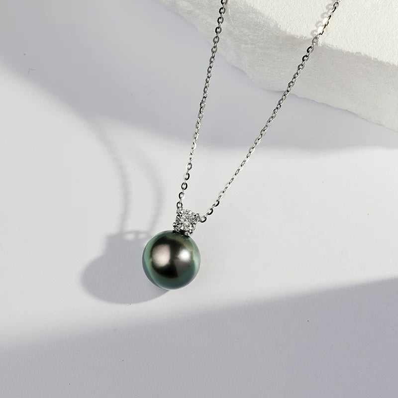 Tahitian Black Pearl Princess Pendant Necklace 18K Gold Perfectly Round High Luster Saltwater Pearl Clavicle Chain Jewelry