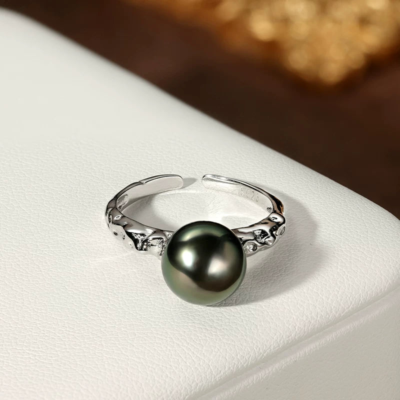 Tahitian Black Pearl Open Ring S925 Silver Elegant Seawater Pearl Ring Lightweight Luxury Hand Ornament High-End Women's