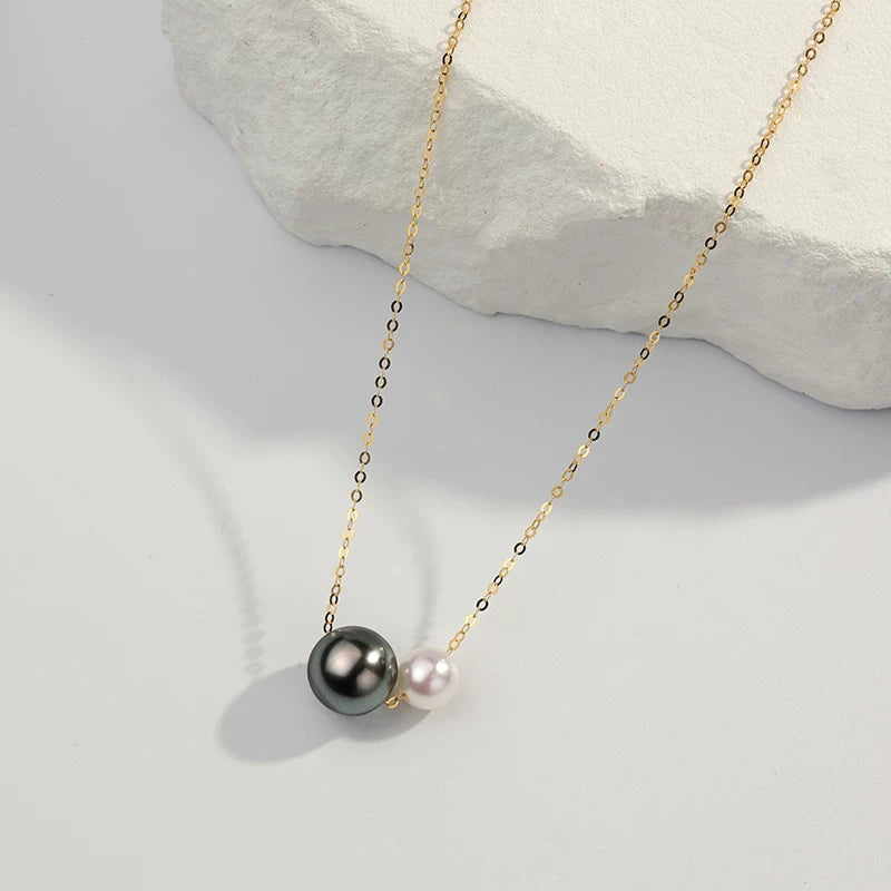 Tahitian Black Pearl Necklace Lucky Bead Pendant 18K Gold Double Pearl Choker Fashion Clavicle Necklace Gift