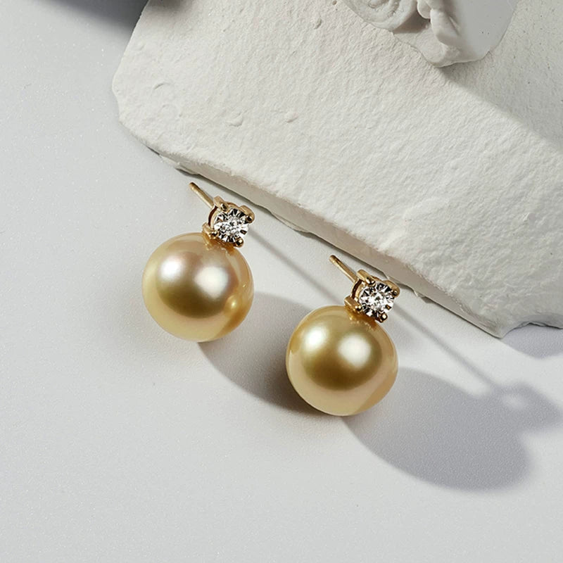 South Sea Gold Pearl Stud Earrings, Princess Diana Style, 18K Gold Natural Seawater Pearl Earrings, Light Luxury, High-End Dangle Earrings