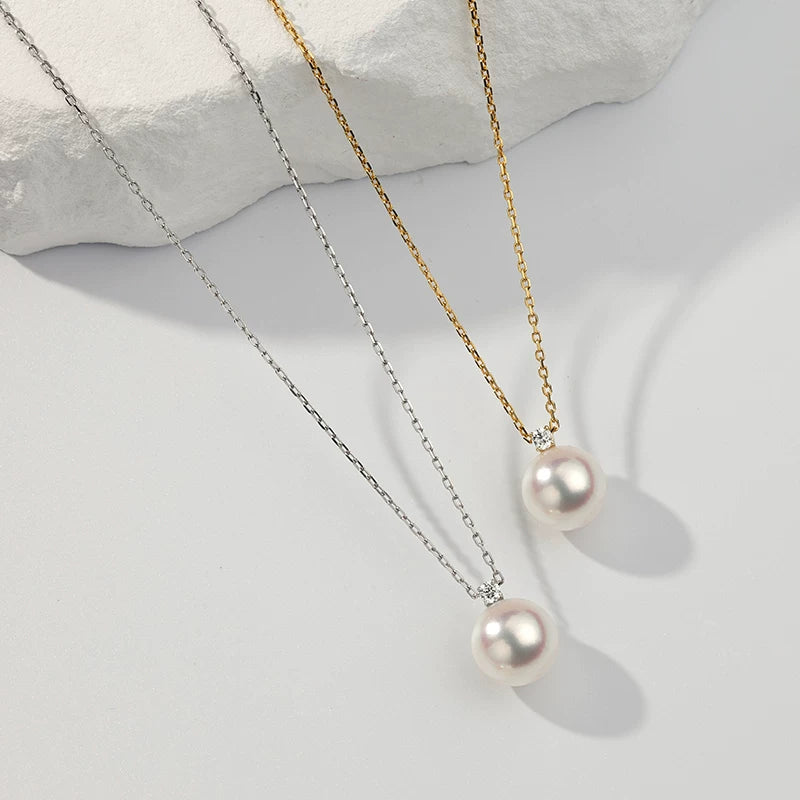 Akoya Pearl Pendant, Princess Diana Style, 18K Gold Diamond Necklace, Perfectly Round Seawater Pearl, Collarbone Chain, High-End Jewelry