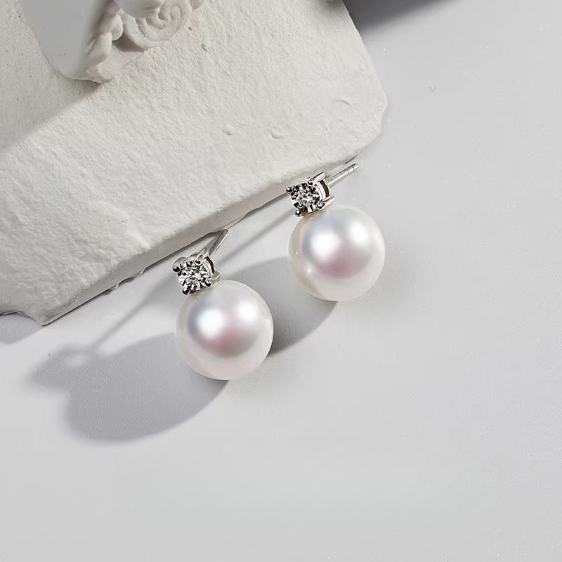 Akoya Pearl Stud Earrings 18K Gold Princess Style Round Seawater Pearl Earrings High-End Jewelry Elegant Women's
