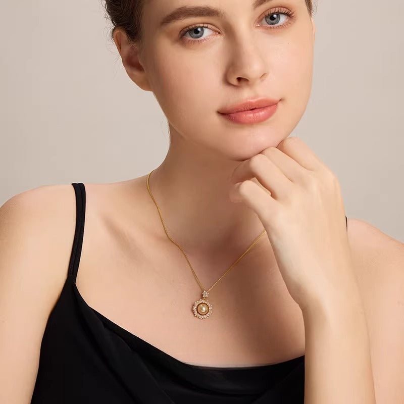 South Sea Gold Pearl Sunflower Pendant S925 Silver Necklace Clavicle Chain Natural Seawater Pearl Lightweight Luxury Jewelry