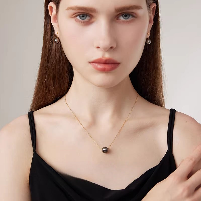 Tahitian Black Pearl Lu Lu Tong Necklace 18K Gold Saltwater Pearl Pendant Single Pearl Choker Necklace High-End